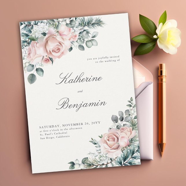 Convites Formal Moderno Clássico de inverno Rosas Elegante  (elegant winter wedding invitation blush roses foliage floral frame formal traditional calligraphy)