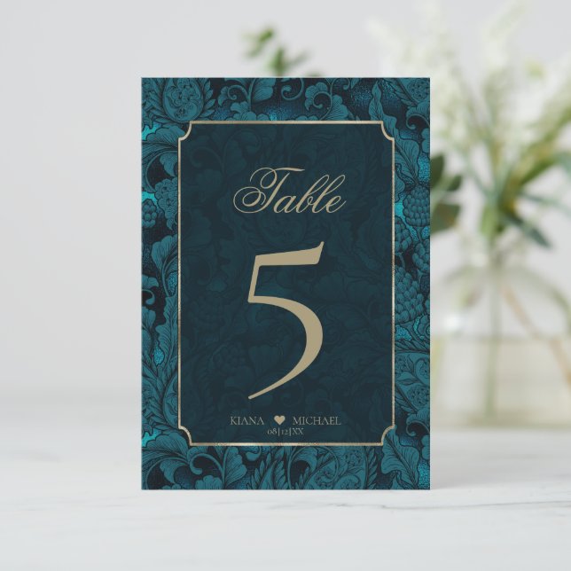 Convites Formal Paisley Table Numbers Dark Teal ID767 (Em pé/Frente)
