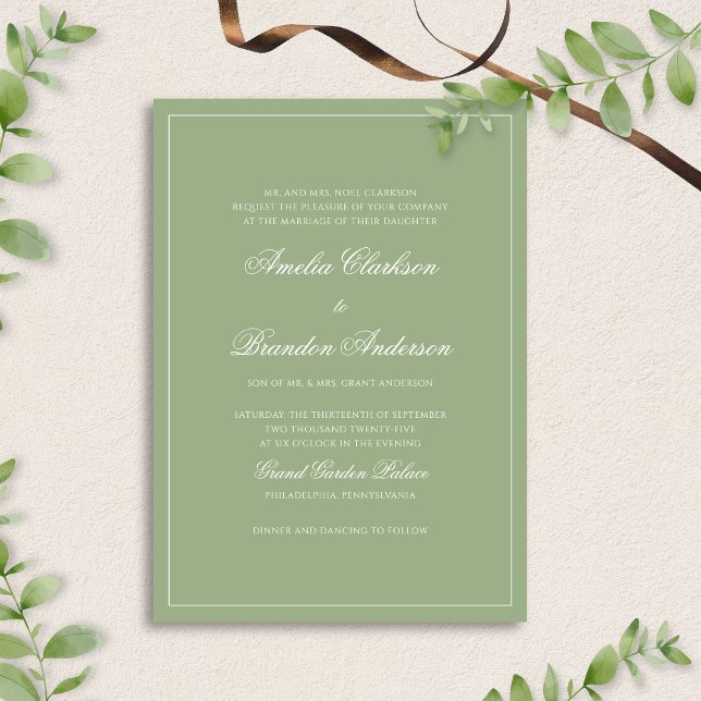 Convites Formal Real Sage Green Border Script Wedding (Criador carregado)