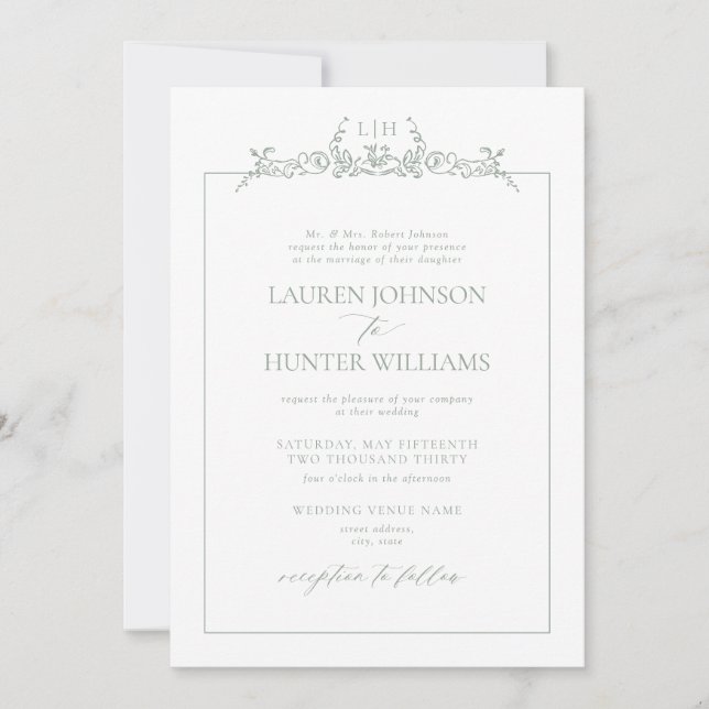 Convites Formal Sage Green Floral Border Monogram Wedding (Frente)