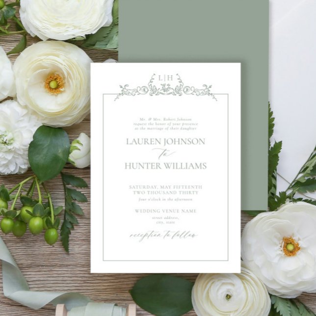 Convites Formal Sage Green Floral Border Monogram Wedding (Criador carregado)