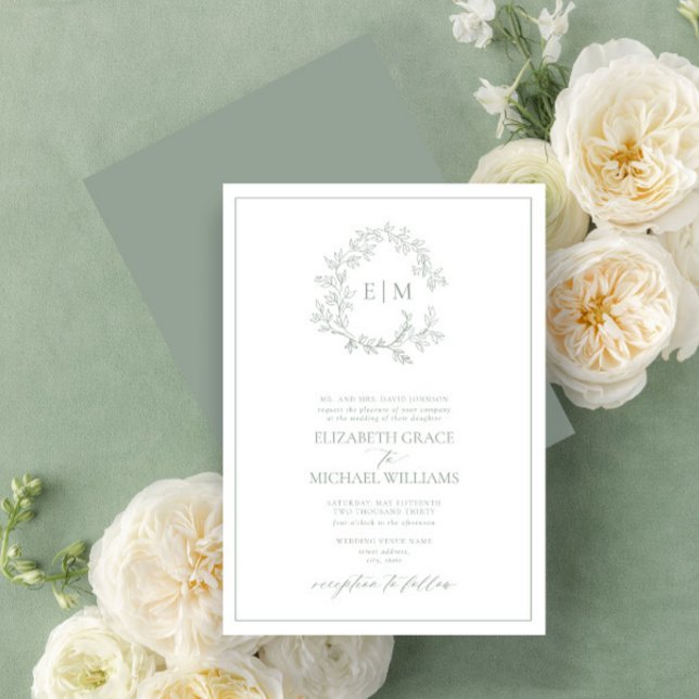 Convites Formal Sage Green Leafy Crest Monograma Casamento (Easily personalize this bestselling sage green invitation for the perfect wedding!)