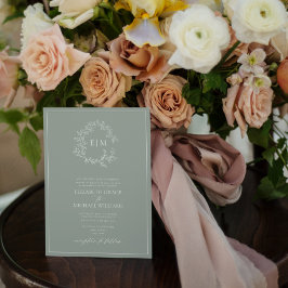 Convites Formal Sage Green Leafy Crest Monograma Wedding In