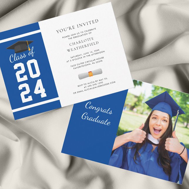 Convites formando 2024 - Festa de formatura Azul Foto (Grad Photo Royal Blue Graduation Party Invitation)