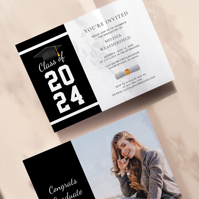 Convites formando 2024 - Festa de formatura Preta e Preta (Graduation 2024 Grad Photo Party Invitation)