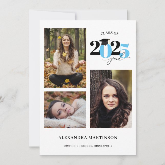 Convites Formando 3 Fotos Colagem Azul Claro Classe de 2025 (Frente)