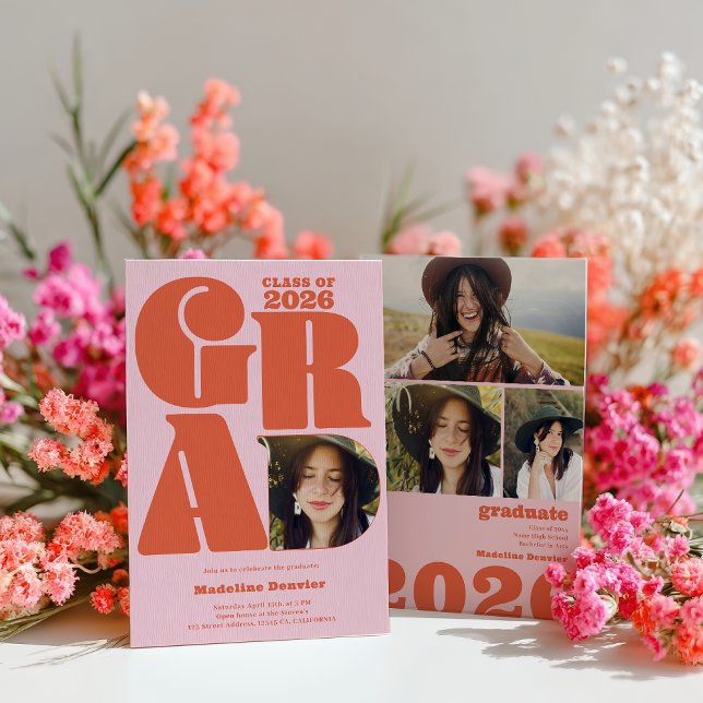 Convites Formando 4 com tamanho superior a 4  em negrito gr (Retro bold oversized Grad 4 photo 2026 graduation Invitation)