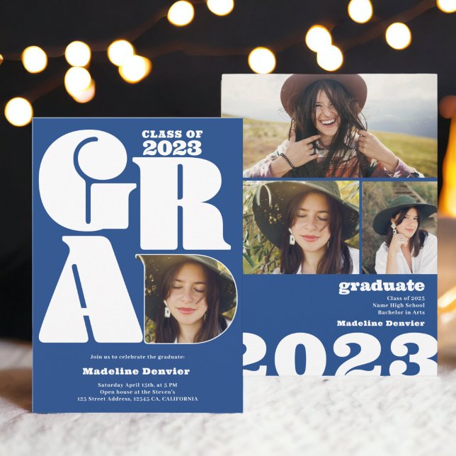 Convites Formando azulado e sobredimensionado 4  com gradua (Blue bold oversized Grad 4 photo 2023 graduation Invitation)