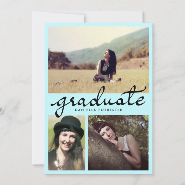 Convites Formando Bonito Caligrafia Três Fotos Azul (Frente)