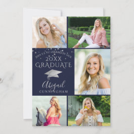 Convites Formando de Colagem de Fotos Azul Silver do Marinh