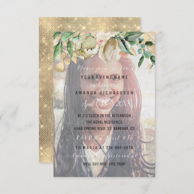 Convites formando Dourado de Flores de Fotografias da Festa (Frente/Verso)