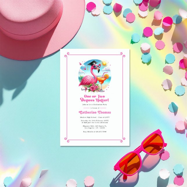 Convites Formando Flamingo Rosa Quente Mais Quente, de Um o (One or Two Degrees Hotter Hot-Pink Flamingo Grad Invitation)