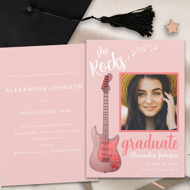 Convites Formando Foto rosa Festa de formatura de música co (Pink guitar graduate photo Graduation party invitation country music guitar)