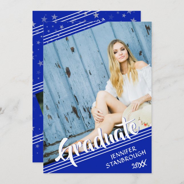 Convites Formando, Linhas e Estrelas | Royal Blue & White 4 (Frente/Verso)
