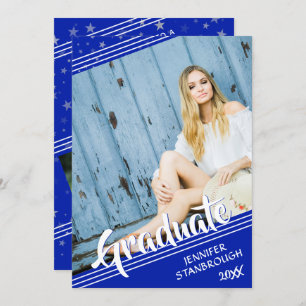 Convites Formando, Linhas e Estrelas Royal Blue & White 4