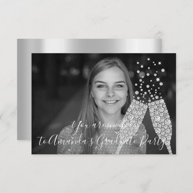 Convites Formando Party Champaigne Glass Bubbles FotoCinza (Frente/Verso)