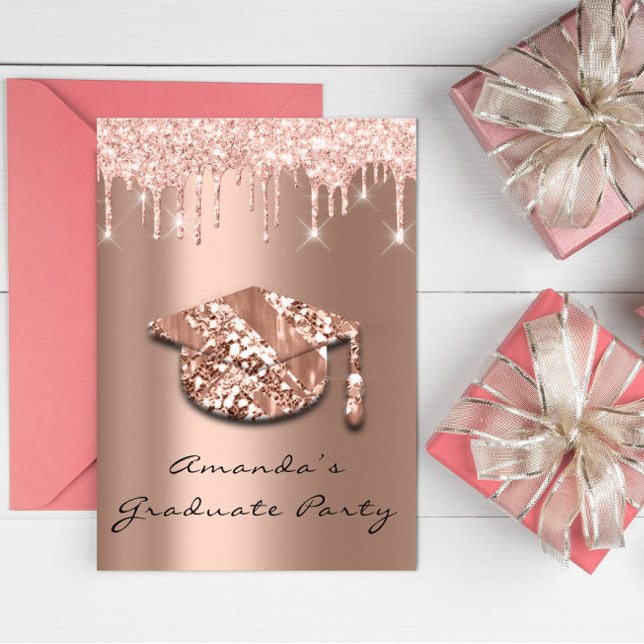 Convites Formando Party Drives Rosa Boné Dourado 3D Glam (Graduate Party Drips Rose Gold Cap 3D Glam Invitation)