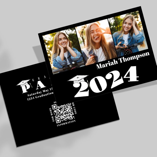 Convites Formando preto e branco Classe simples moderna de  (Graduation photo invitation announcement card with bold typography and QR Code)
