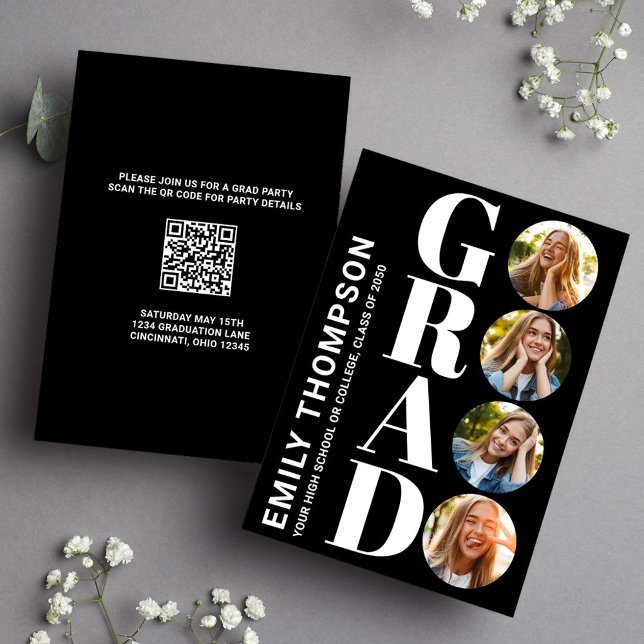 Convites Formando preto e branco Colagem de fotos moderna (Graduate "GRAD" typography photo collage invitation announcement. )
