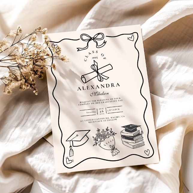 Convites Formando preto e branco ilustrado desenhado à mão (Criador carregado)