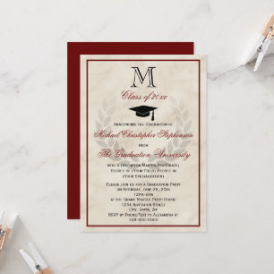 Convites Formandos Clássico Maroon Monograma Wreath