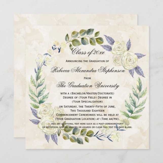 Convites Formandos de Pavimento da Flor de Aquarela Quadrad (Frente/Verso)