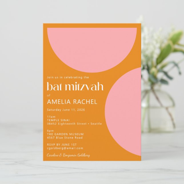 Convites Formas Geométricas Simples Rosa Laranja Bat Mitzva (Em pé/Frente)