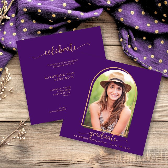 Convites Formatação de Fotos Dourada Mínima Roxo Boho Arch (Boho Arch Minimalist Purple Gold Photo Graduation Invitation)