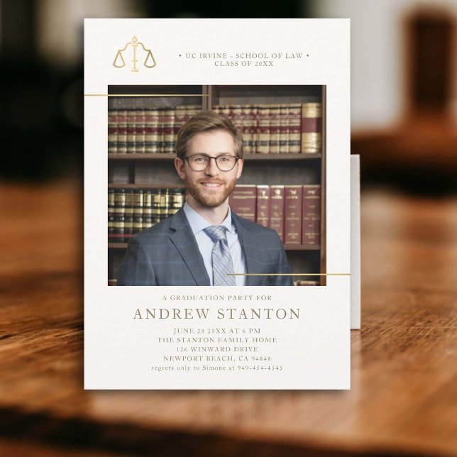 Convites Formatação na Faculdade de Direito Escala a Justiç (law school graduation party invitation photo gold scales justice elegant modern frame logo template)