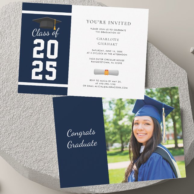 Convites Formatura 2026 Azul Marinho Foto Festa de Formatur (Grad 2025 Navy Blue Photo Graduation Party Invitation)