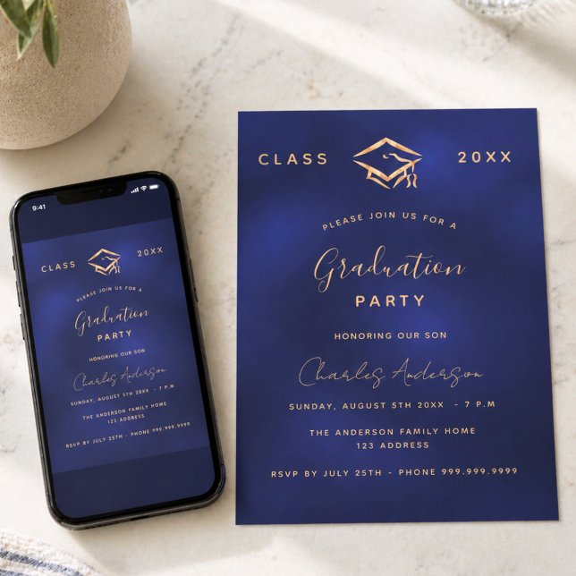 Convites Formatura azul marinho dourado simples 2026 (Criador carregado)