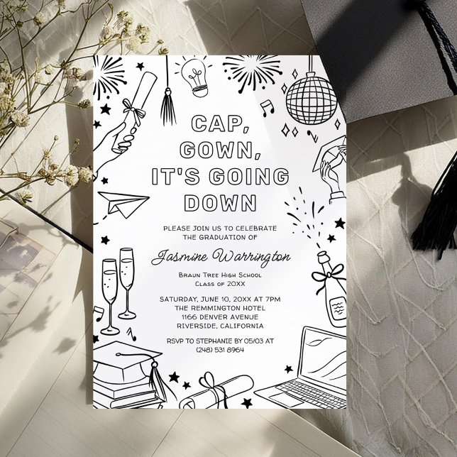 Convites Formatura Caprichosa Preta Moderna em Doodle (Criador carregado)