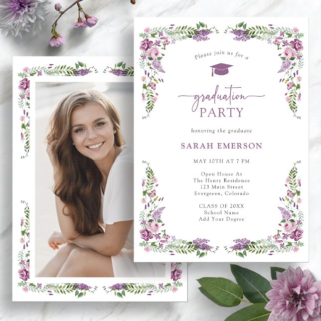 Convites Formatura com Floral Roxa (Purple Floral Photo Graduation  Party Invitation by Painted Paperie
)