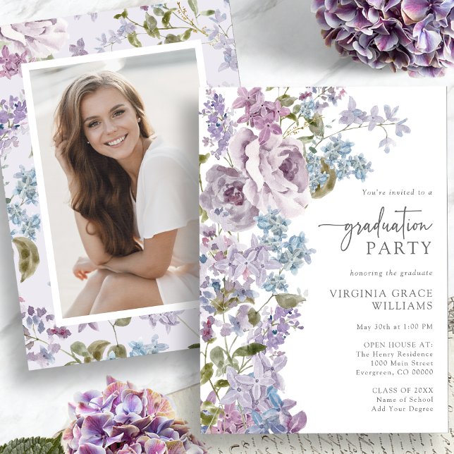 Convites Formatura com Floral Roxa (Purple Floral Graduation Invitation Picture on back by Painted Paperie
)