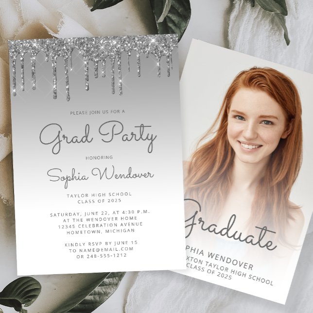 Convites Formatura com Foto Drip Glitter Prata Glam 2026 (Criador carregado)