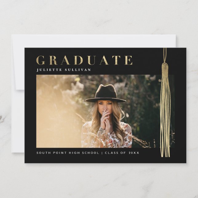Convites Formatura com Foto Moderna em Dourado e Preto (Frente)
