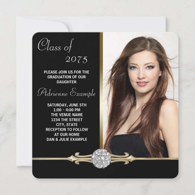Convites Formatura com Glamour Preto e Diamante Dourado (Frente)