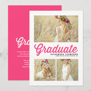 Convites Formatura com Três Fotos em Script Retro Rosa Quen