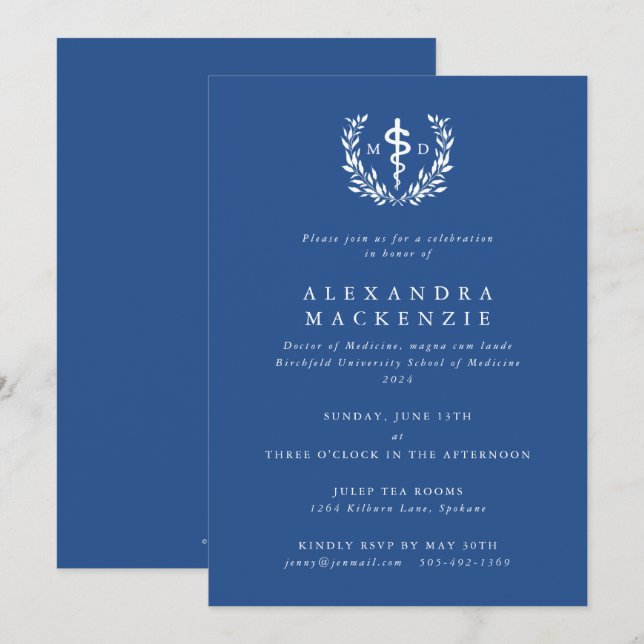 Convites Formatura Coroa de Louros + Asclepius MD Azul (Frente/Verso)