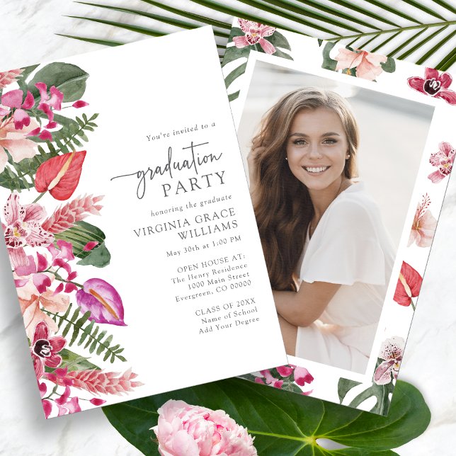 Convites Formatura da Tropical Photo (Tropical Floral Photo Graduation Party Invitation by Painted Paperie
)