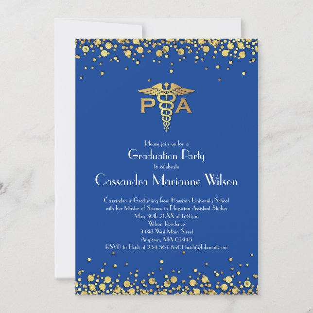Convites Formatura de Assistente Médico AM Azul Dourado (Frente)