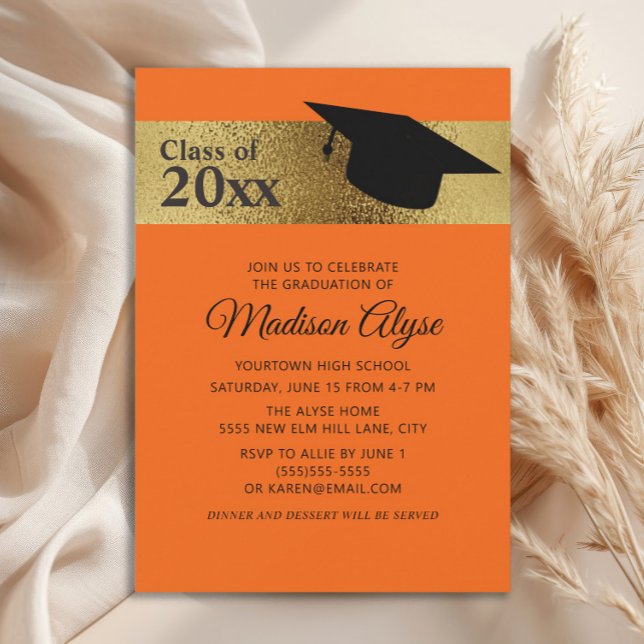 Convites Formatura de Capelo Preto Dourado Laranja Personal (Orange and gold graduation cap party invitation)