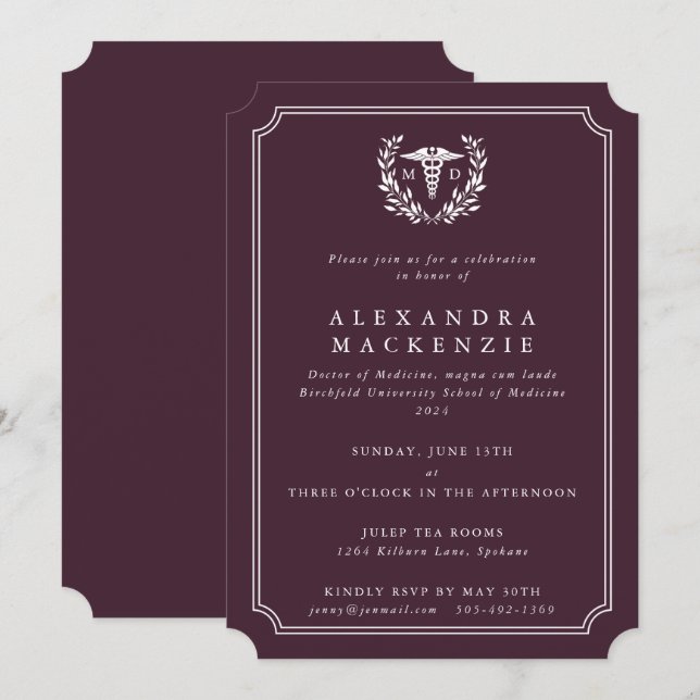 Convites Formatura de Doutor em Medicina Burgundy/Branco Ca (Frente/Verso)
