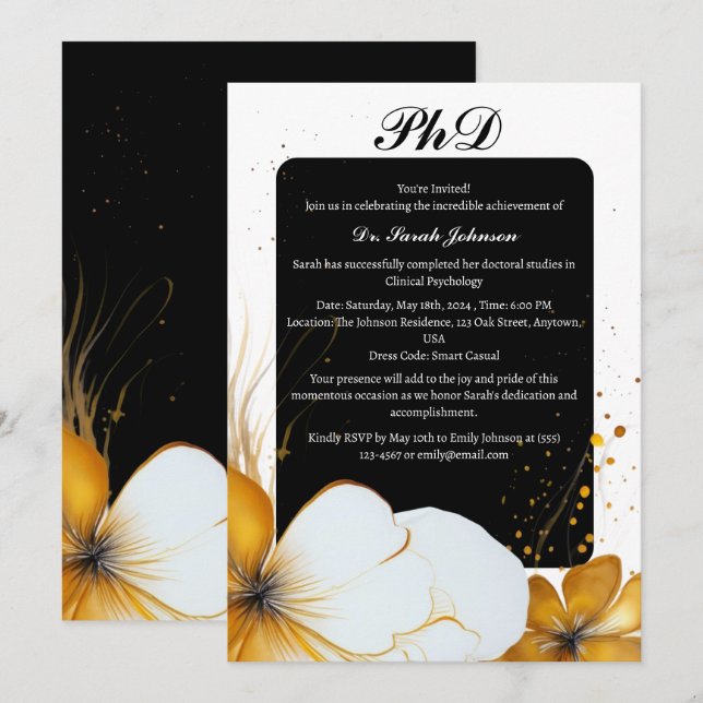 Convites Formatura de Doutorado ou PhD em Preto e Dourado (Frente/Verso)