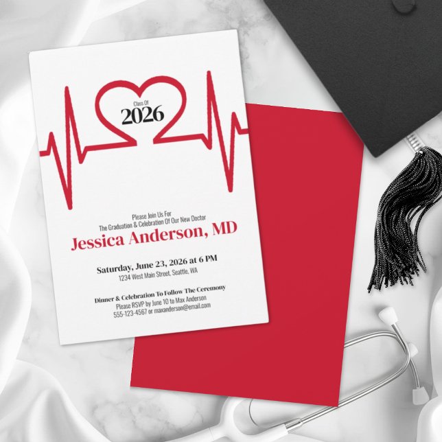 Convites Formatura de Medicina da Escola de Doutorado em En (Simple Heart Beat Doctor Medical School Graduation Invitation)