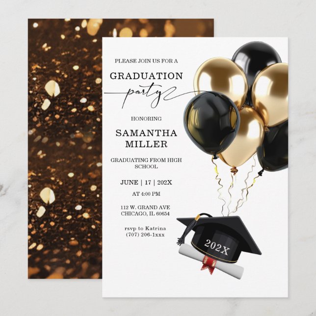 Convites Formatura do Ensino Médio Dourado e Preto (Frente/Verso)