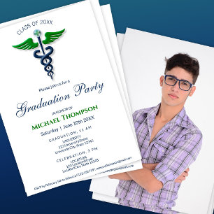 Convites Formatura em Medicina Caduceu Azul Verde   Foto