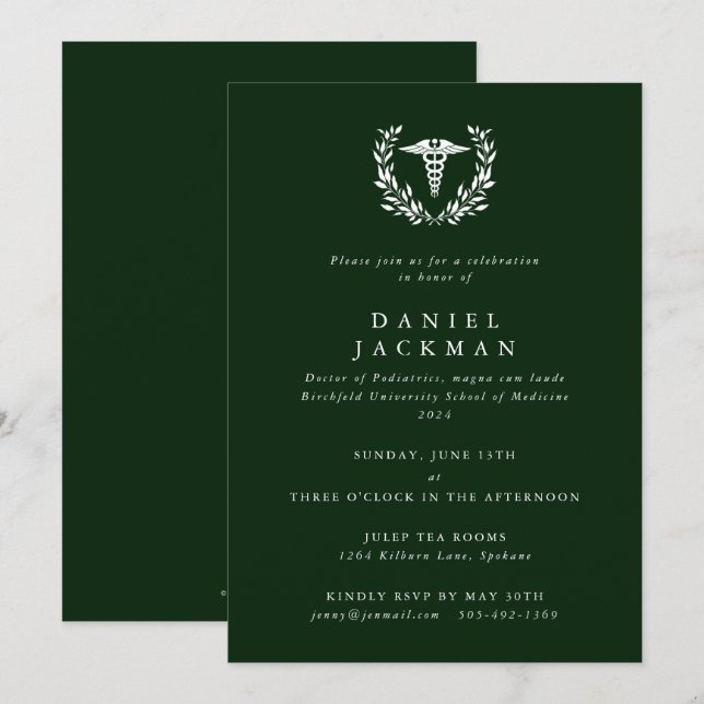 Convites Formatura em Medicina com Caduceu Verde Escuro (Frente/Verso)