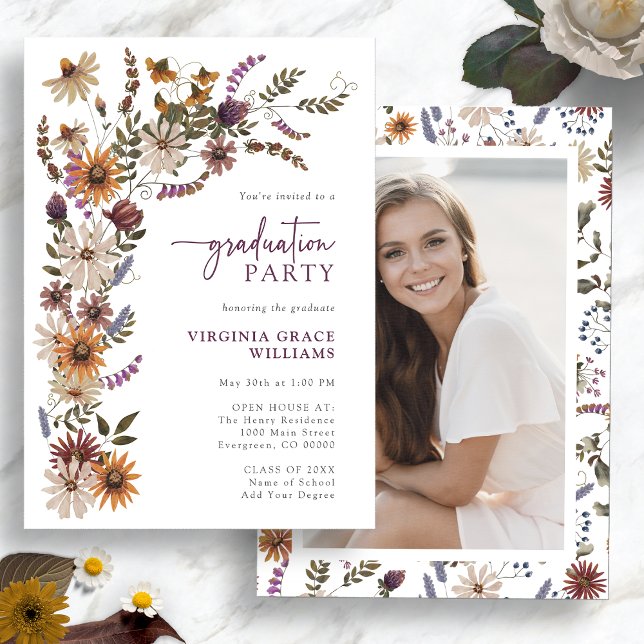 Convites Formatura Flor Silvestre Elegante (Elegant Watercolor Wildflower Photo Graduation Party Invitation by Painted Paperie
)