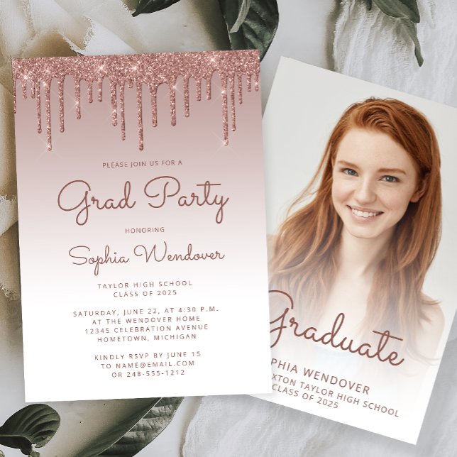 Convites Formatura Foto Drip Glitter Glam Rosa Dourado 2026 (Criador carregado)